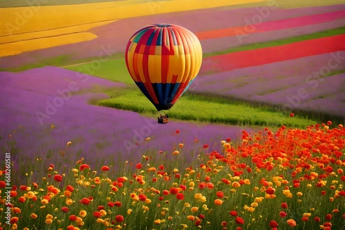 Beautiful rural fields with various colors  with flowers. The enormous air balloon soars above the meadow