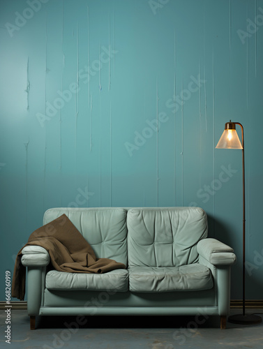 Moderne Wohnzimmer Couch im wellnes Blau im Relax Raum, ai generativ