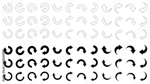 Set of black arrows. Turn over, flip, reverse signs. Different directions. Flat outline icons. Navigation pointer
