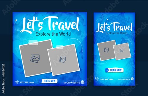 Modern traveling social media post banner template design with instagram story, Tour travel holiday tourism marketing social media post, with place for the photo, Editable modern illustration