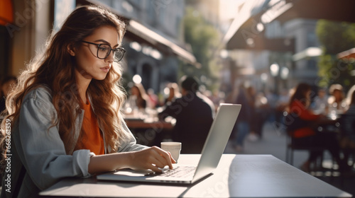 Female freelancer using laptop at Coffee shop, young woman browsing internet, chatting, blogging © AlexCaelus