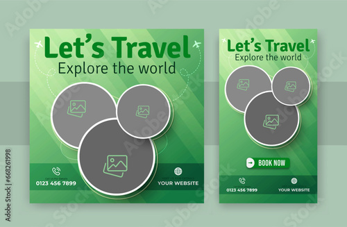 Social media post or square banner template with instagram story for travel holiday tourism promotional marketing agency and promo. tour advertising. flyer. Editable vector illustration