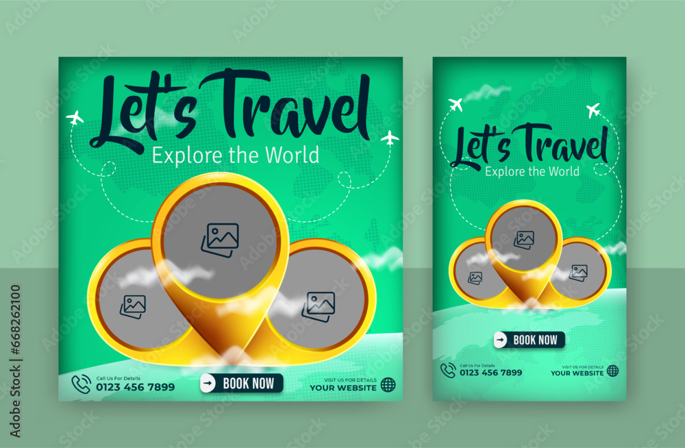 Modern social media post or square banner template with instagram story for travel holiday tourism promotional marketing agency and promo. tour advertising. flyer. Editable vector illustration - obrazy, fototapety, plakaty 