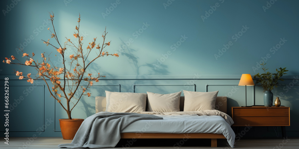 Stilvolles Schlafzimmer in blau Ton und schöner Dekoration im modernen Ambiente, ai generativ - obrazy, fototapety, plakaty 