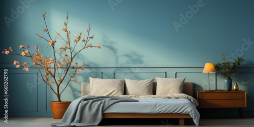 Stilvolles Schlafzimmer in blau Ton und schöner Dekoration im modernen Ambiente, ai generativ