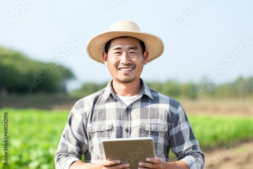 smile businessman farmer holding a tablet in countryside photo