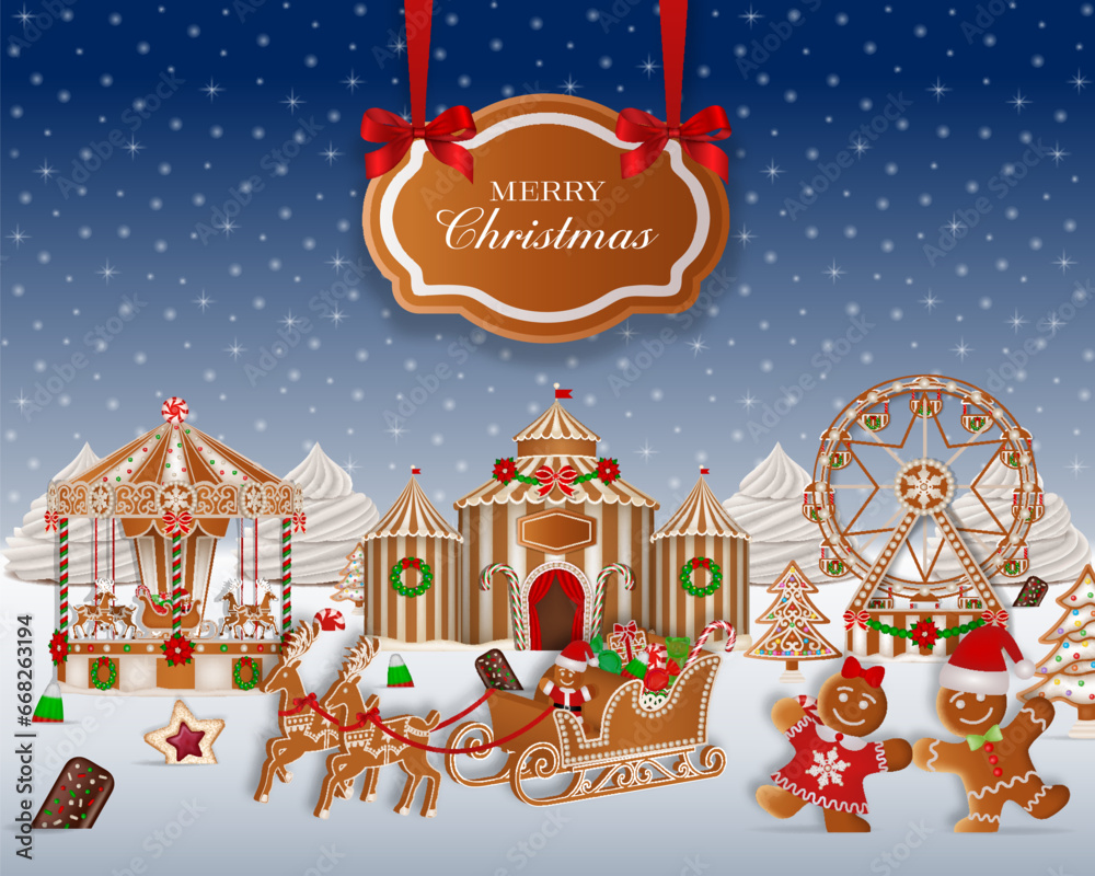 christmas card with gingerbread landscape. christmas background with gingerbread amusement park. christmas poster with candies and cookies