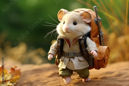Photo of a hamster in a tiny safari explorer outfit, ready for adventures. Generative AI