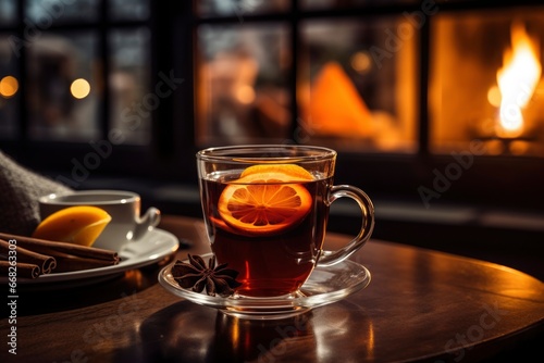 Typical European Mulled wine in a cup with cinnamon and orange slice next to the lit fireplace. Selective focus.