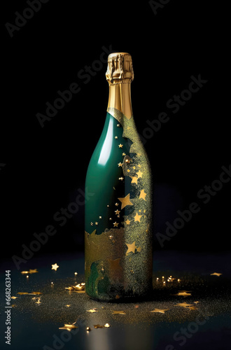 Champagne bottle with glitte gold stars and confetti on black background. Party and festive scene. Christmas, New Year, birthday or wedding celebration.