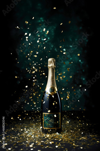 Champagne bottle with  glitte gold confetti on dark green background. Party and festive scene. Christmas, New Year, birthday or wedding celebration.