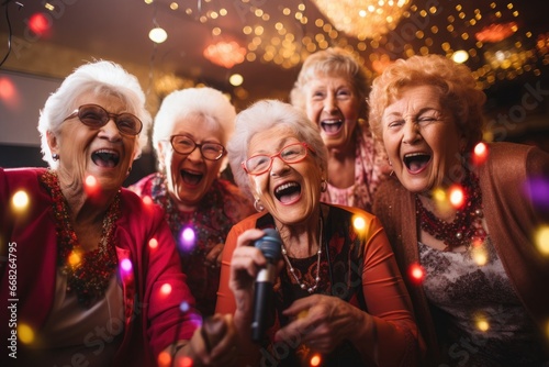 A company of happy senior women sing karaoke at a club