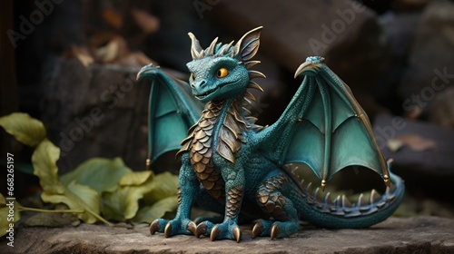 Cute smiling blue dragon sitting outdoor. Baby dragon. Cartoon character © Ari