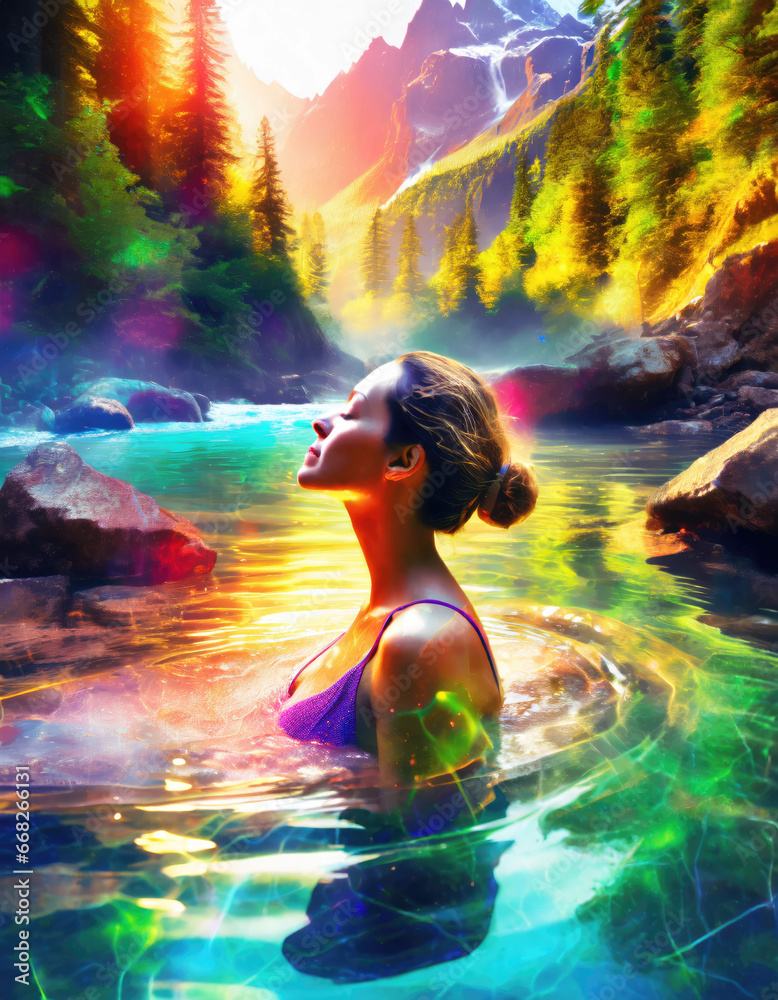 Woman bathing in a colorful mountain pond