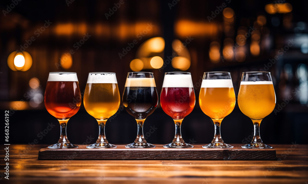 Glass of draft beer on a wooden bar. Draft beer tasting. Glass of draft beer on a wooden bar. Draft beer tasting.