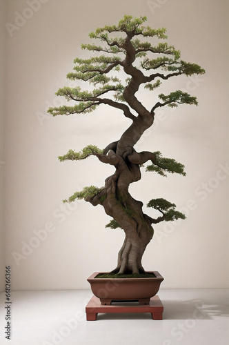 a potted bonsai displays twisted branches and green leaves