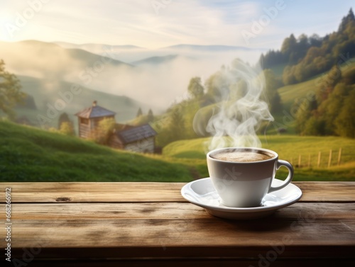 Close up coffee on wood table nature background in garden.