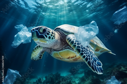 World turtle day and Ocean environmental day. Turtle with plastic in the water .Save sea plastic pollution.Climate change, Environmental CSR. copy space