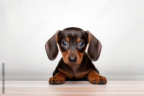 Photo of a lovable Dachshund puppy in a cute  waddling pose on a pristine white table. Generative AI