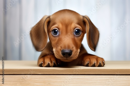 Photo of a lovable Dachshund puppy in a cute, waddling pose on a pristine white table. Generative AI