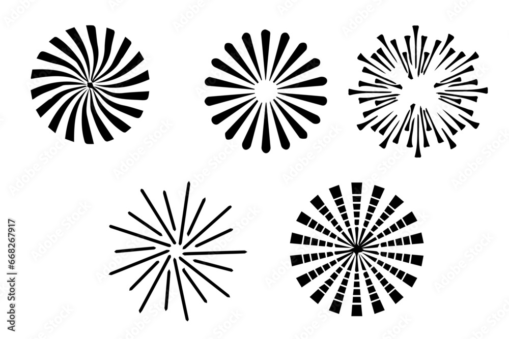 Sunburst element set. Starburst Radial stripes background. Sunburst icon collection. Collection of rays. Retro sunburst design. Retro stars. Vector illustration Sunburst element set. Starburst Radial stripes background. Sunburst icon collection. Collection of rays. Retro sunburst design. Retro stars. Vector illustration