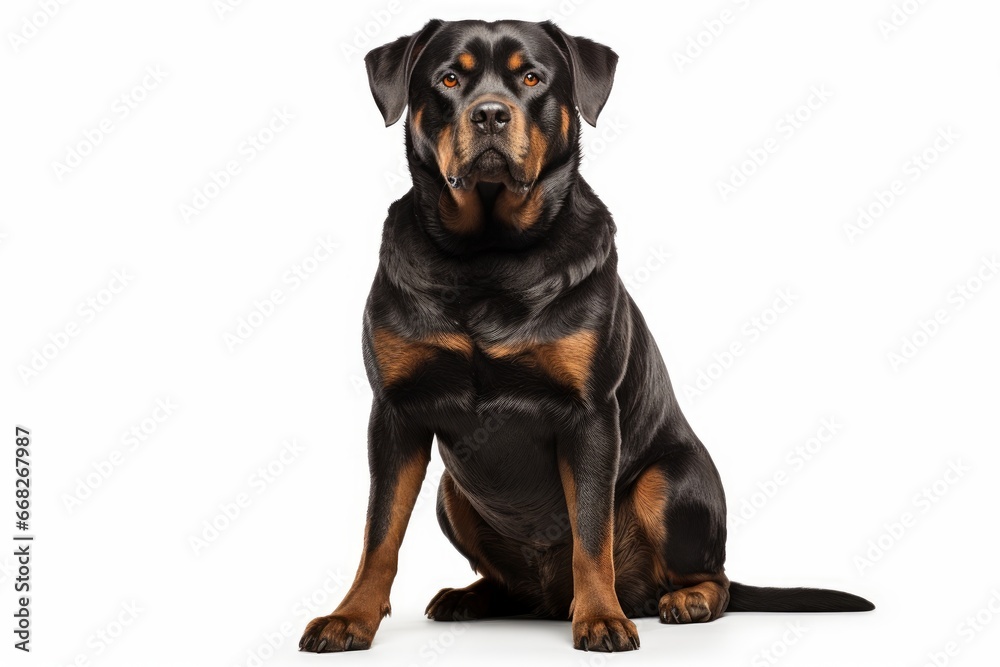 Photo of a loyal Rottweiler in a protective stance against a clean white background . Generative AI