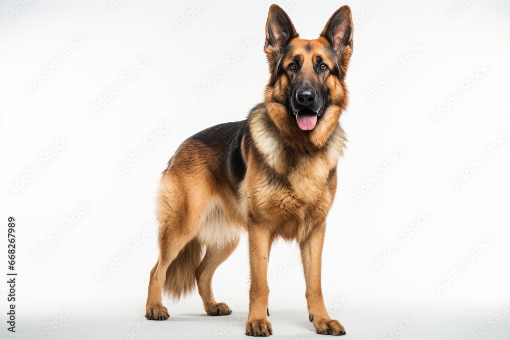 Photo of a majestic German Shepherd dog standing proudly on a clean white backdrop. Generative AI