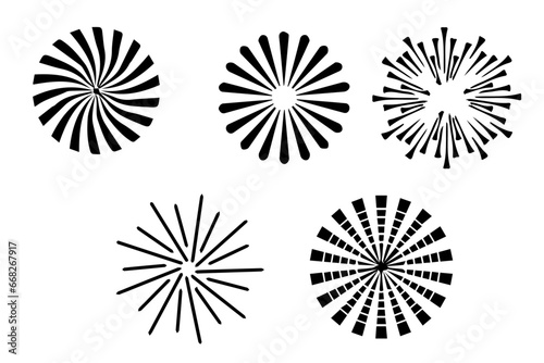 Sunburst element set. Starburst Radial stripes background. Sunburst icon collection. Collection of rays. Retro sunburst design. Retro stars. Vector illustration