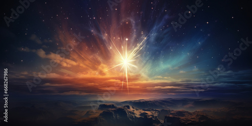 The sun is setting over the clouds in the sky Sunrise dramatic blue sky with orange sun rays breaking through the clouds. Nature background AI Generative 