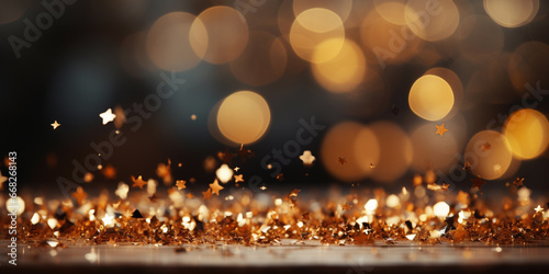 Christmas composition with bokeh background 3d Illustration Of Sparkling Gold Glitter Background With Confetti Effect And Radiant Shine. AI Generative
