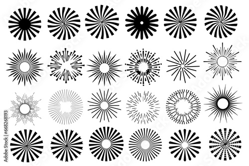 Sunburst element set. Starburst Radial stripes background. Sunburst icon collection. Collection of rays. Retro sunburst design. Retro stars. Vector illustration