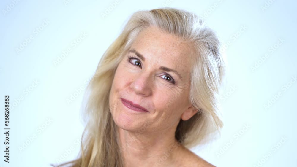 Closeup portrait of happy smiling attractive mature woman naked looking at camera. Advertising of body care spa concept. Closeup portrait of happy smiling attractive mature woman naked looking at camera. Advertising of body care spa concept.