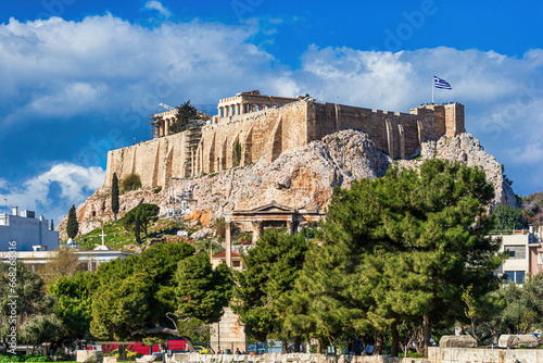 The Acropolis of Athens, Greece, with the Parthenon Temple on top of the hill in Athens