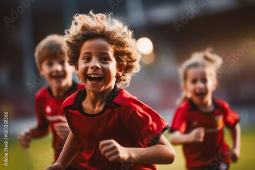 Kids enjoying friendly football game, fostering teamwork and sportsmanship in youth football