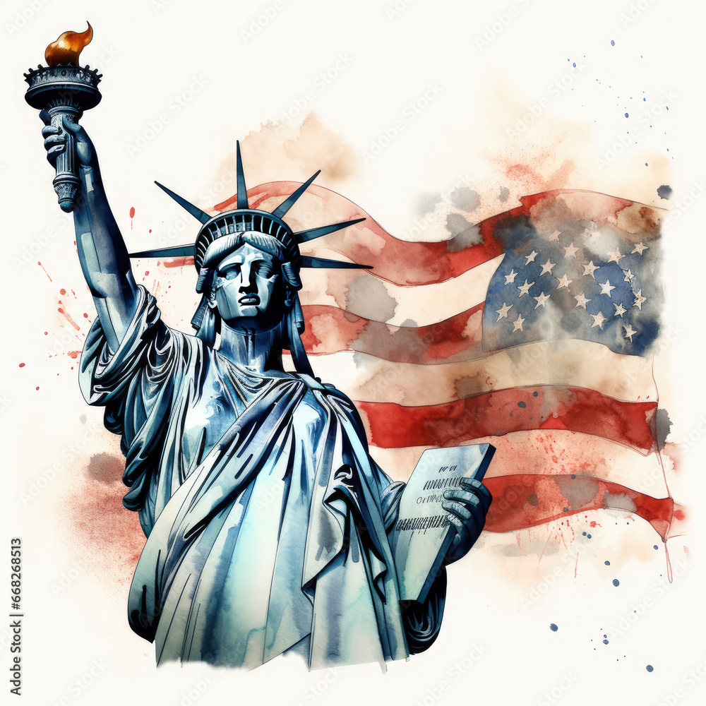 Obraz premium watercolor Statue of Liberty clipart, Generative Ai