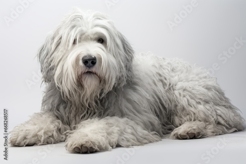Photo of a majestic Old English Sheepdog with a shaggy coat on a clean white surface. Generative AI photo
