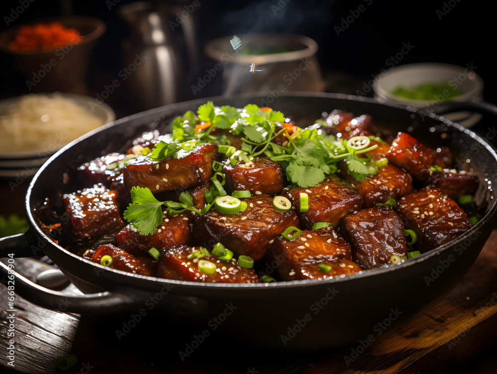 stir-fried pork with soy sauce in a pan on wooden table,The delicious Braised pork belly