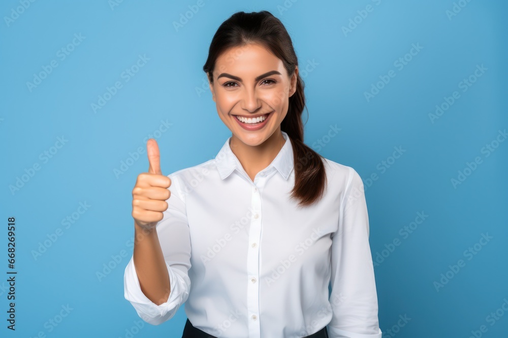 Happy businesswoman showing thumb up over blue background. Wearing a shirt and Looking at the camera Happy businesswoman showing thumb up over blue background. Wearing a shirt and Looking at the camera