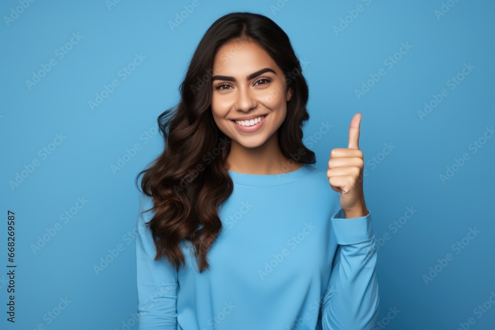 Happy businesswoman showing thumb up over blue background. Wearing a shirt and Looking at the camera Happy businesswoman showing thumb up over blue background. Wearing a shirt and Looking at the camera
