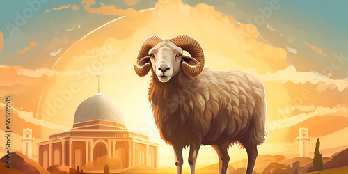 Sheep background is Islamic mosque for Eid al Adha social media post night sky and clouds in the sky ,happy sheep celebrating eid al adha Animal Sacrifices Qurbani generative ai 