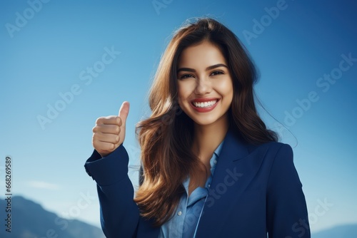 Happy businesswoman showing thumb up over blue background. Wearing a shirt and Looking at the camera