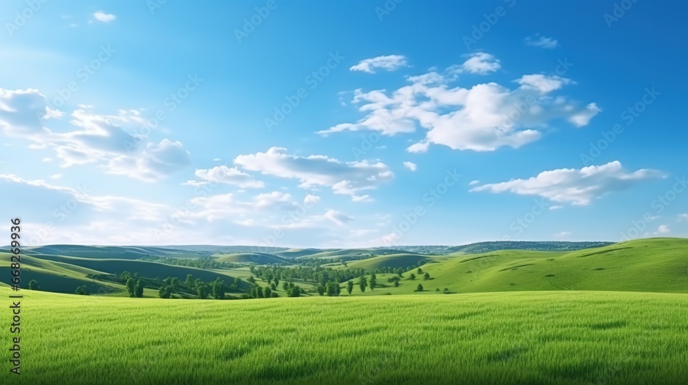 Natural Scenic Panorama Green Field with Blue Sky
