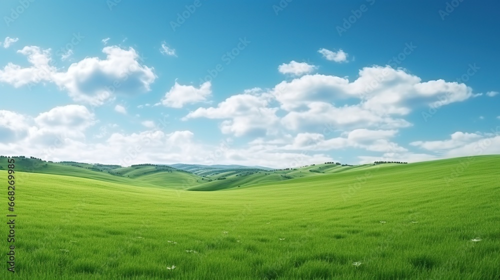 Natural Scenic Panorama Green Field with Blue Sky
