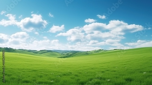 Natural Scenic Panorama Green Field with Blue Sky 