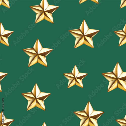 Seamless pattern of realistic 3d glossy golden star. Decorative 3d winner emblem  Christmas star element. Happy New Year vector illustration for greeting card  wallpaper  wrapping paper  fabric