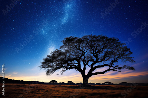 majestic night sky filled with countless stars, with a clear view of the Milky Way, and a silhouette of a lone tree in the foreground.
