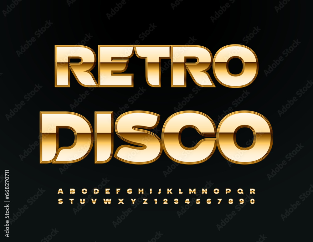 Vector chic emblem Retro Disco. Luxury Golden Font. Stylish Alphabet Letters and Numbers