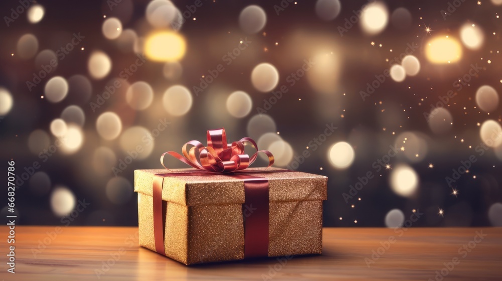 Gold giftbox on bokeh background. Generative Ai. Gold giftbox on bokeh background. Generative Ai.