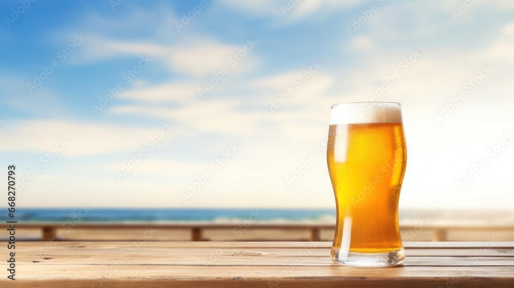 A cold glass of beer on wooden table on background of sea. A cold glass of beer on wooden table on background of sea.