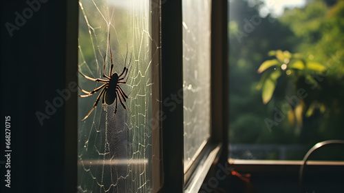 A spider rests on its shimmering, intricate web, positioned by a window. Sunlight illuminates the dew-kissed strands, revealing nature's artistry and the spider's delicate craftsmanship. © Jan